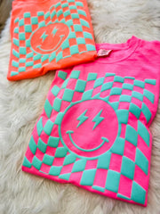 Checkered Smile Tee - Neon Pink