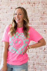 Checkered Smile Tee - Neon Pink